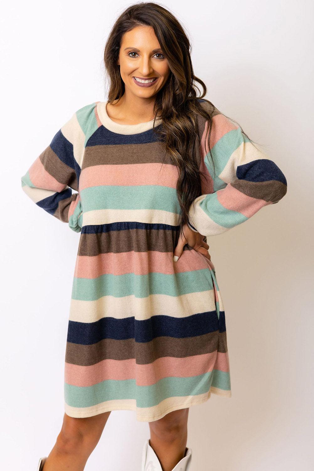 Multicolor Striped Color Block Long Sleeve Mini Dress - L & M Kee, LLC