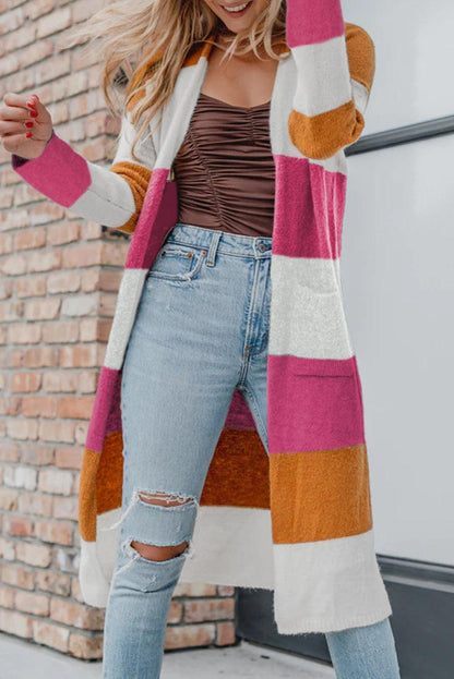 Rose Red Colorblock Open Front Long Knit Cardigan - L & M Kee, LLC