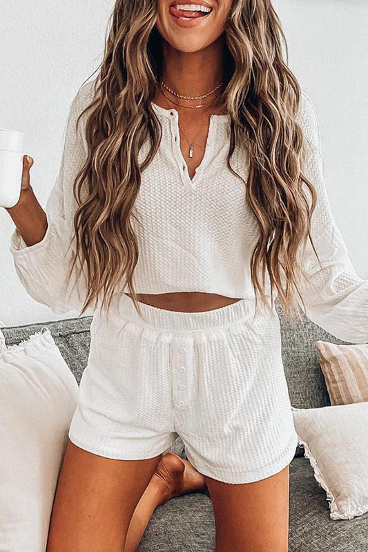 White Waffle Knit Buttoned Long Sleeve Crop and Shorts Lounge Set - L & M Kee, LLC