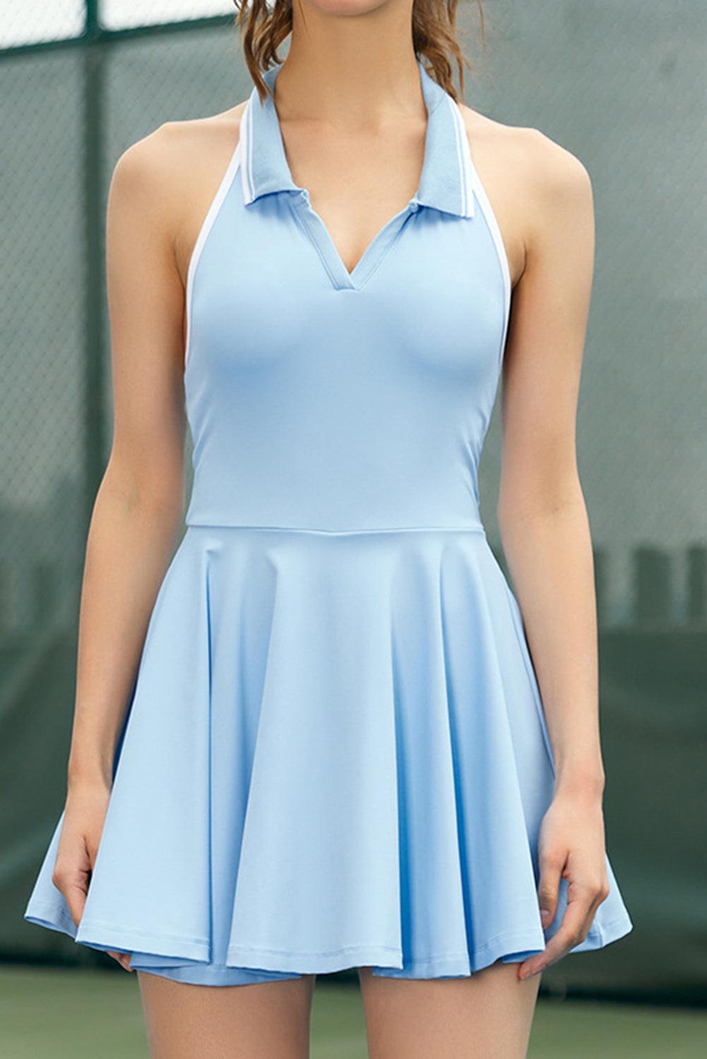 Beau Blue Colorblock Sleeveless Collared Halter Neck Backless Sports Dress