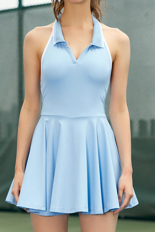 Beau Blue Colorblock Sleeveless Collared Halter Neck Backless Sports Dress - L & M Kee, LLC