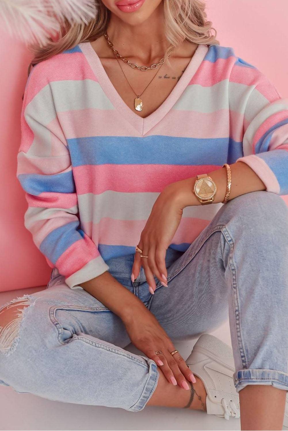 Contrast Striped V Neck Long Sleeve Top - L & M Kee, LLC