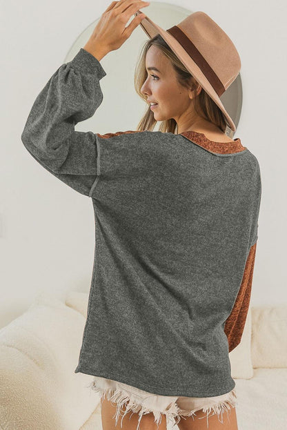 Brown V Neck Color Block Patchwork Loose Pullover - L & M Kee, LLC