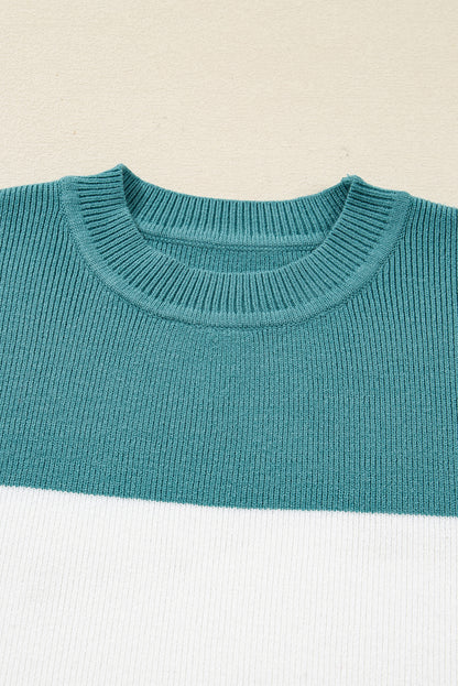 Green Color Block Plain Ribbed Knit Baggy Sweater