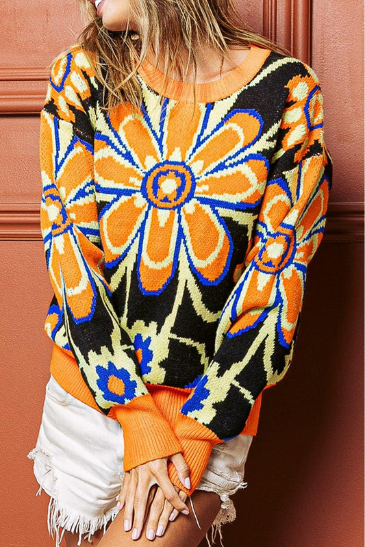 Citrus Ribbed Edge Drop Shoulder Floral Print Sweater - L & M Kee, LLC