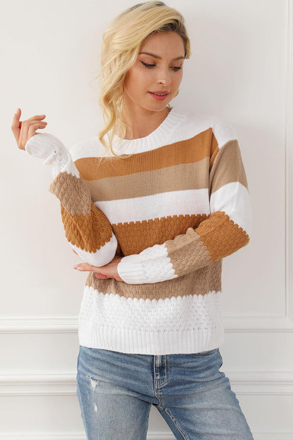 Chestnut Striped Cable Knit Drop Shoulder Sweater - L & M Kee, LLC