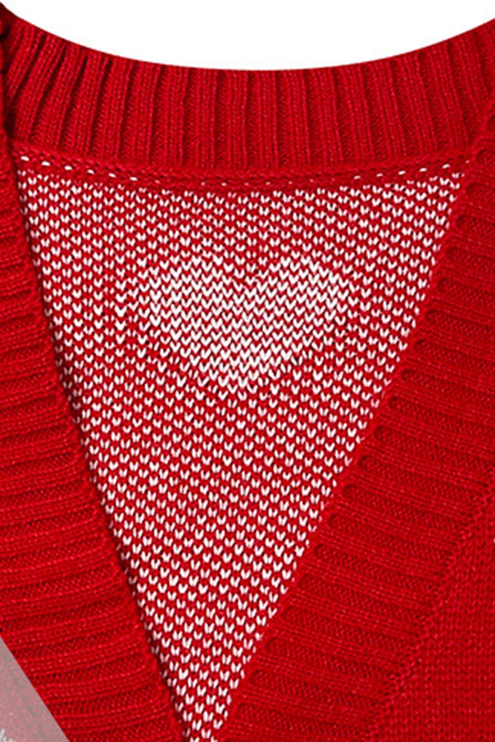 Fiery Red Valentine\'s Day Heart Pattern Ribbed Trim Open Front Cardigan - L & M Kee, LLC