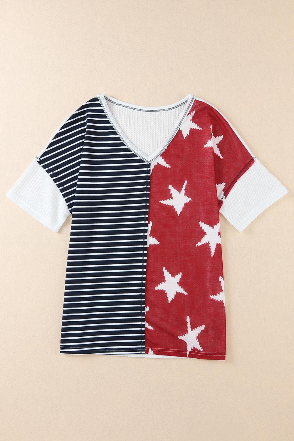 Multicolor Stripes Stars Print Knit Short Sleeves Top - L & M Kee, LLC