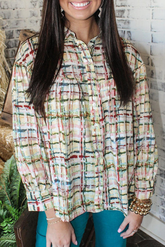 Multicolor Plaid Pattern Puff Sleeve Button up Shirt - L & M Kee, LLC