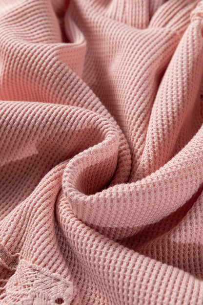 Gossamer Pink Lace Patchwork Raglan Sleeve Kangaroo Pocket Waffle Hoodie