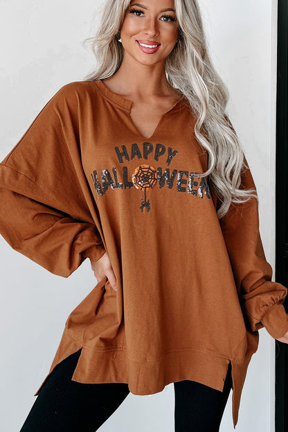 Chestnut Sequin Happy Halloween Graphic Notched Neck Long Sleeve Loose Top