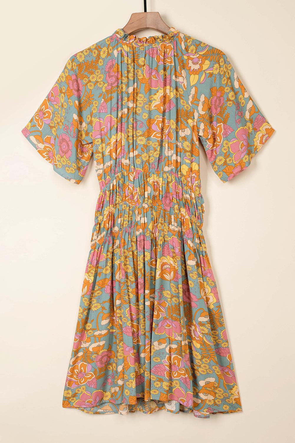 Boho Wide Sleeve Smocked Waist Floral Dress - L & M Kee, LLC