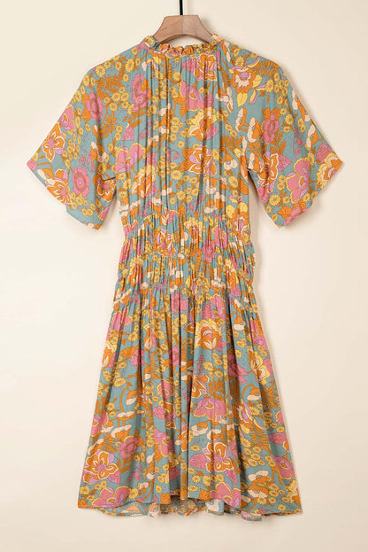 Boho Wide Sleeve Smocked Waist Floral Dress - L & M Kee, LLC