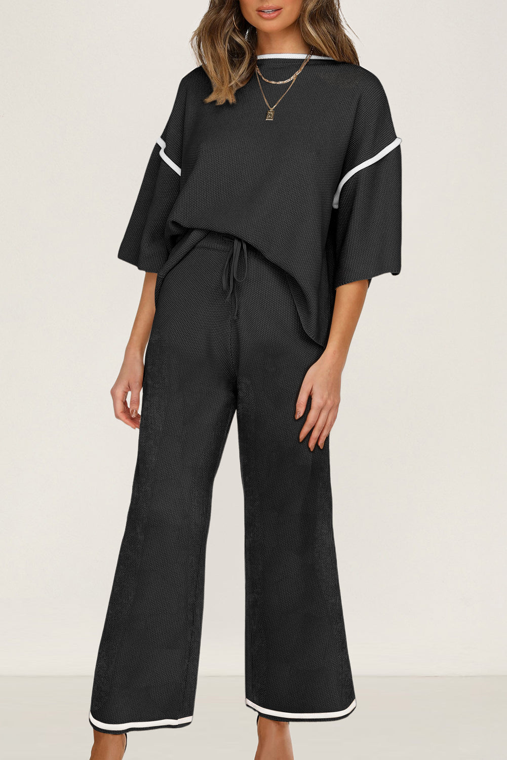 White Contrast Trim Half Sleeve Top Drawstring Pants Loose 2pcs Sweater Suit