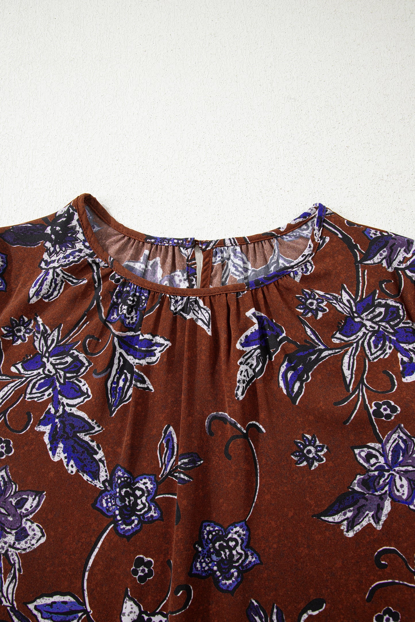 Brown Autumn Floral Print Smocked Cuffs Shift Blouse