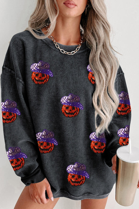 Black Sequined Halloween Pumpkin Ribbed Oversized Sweatshirt