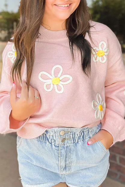 Pink Chenille Daisy Stitching Crew Neck Sweater - L & M Kee, LLC