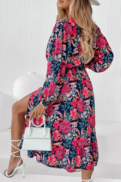 V Neck Elastic High Waist Split Floral Dress - L & M Kee, LLC