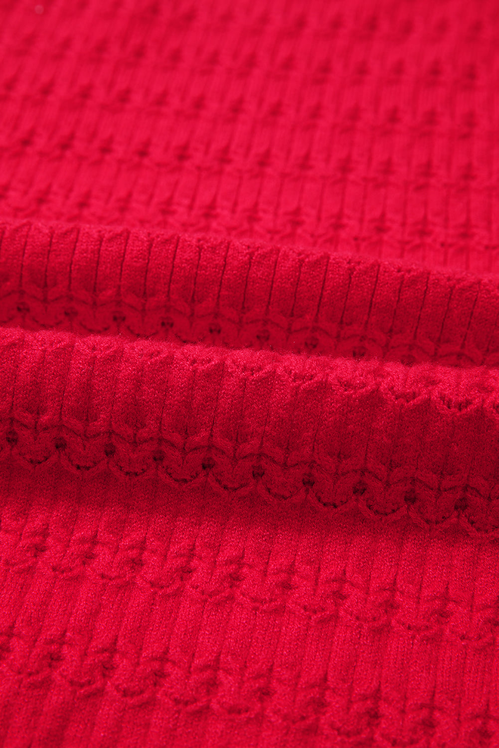 Fiery Red Trendy Pattern Knit Ribbed Cuffs Crew Neck Sweater