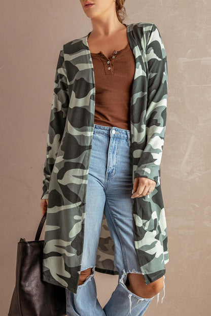 Green Camo Print Long Cardigan - L & M Kee, LLC