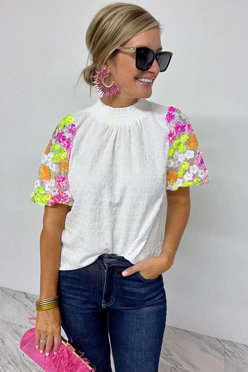 White Smocked Collar Sequin Flower Puff Sleeve Textured Top - L & M Kee, LLC