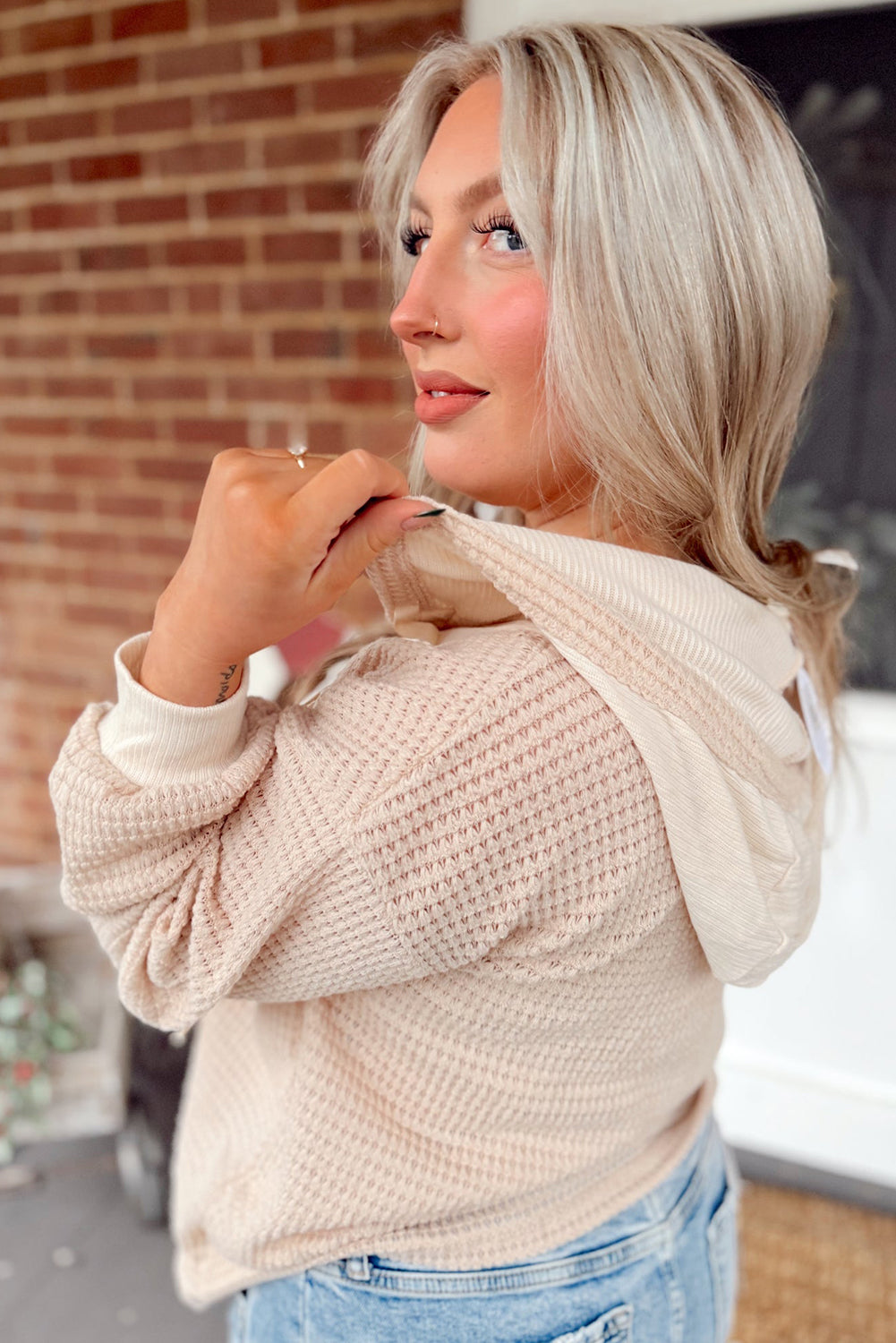 Oatmeal Waffle Patchwork Drop Shoulder Hooded Long Sleeve Top