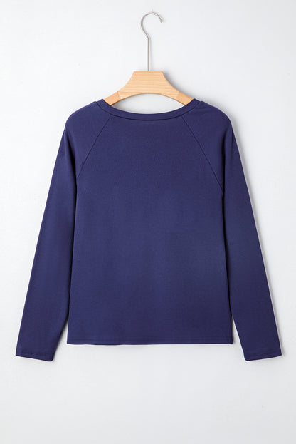 Navy Blue Solid Color Seam Detail Raglan Long Sleeve Top