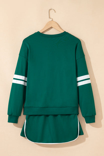 Evergreen Varsity Stripe Detail Drop Shoulder Pullover Mini Skirt Set
