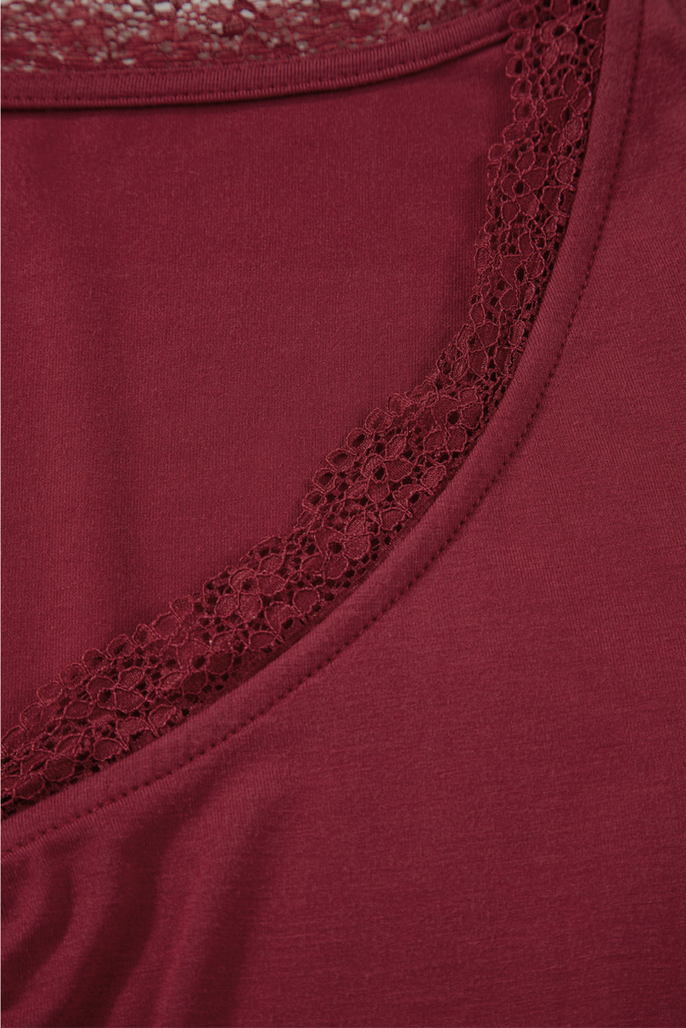 Smoke Gray Lace-trimmed Sweetheart Neckline Ruched Detail Long Sleeve T-shirt