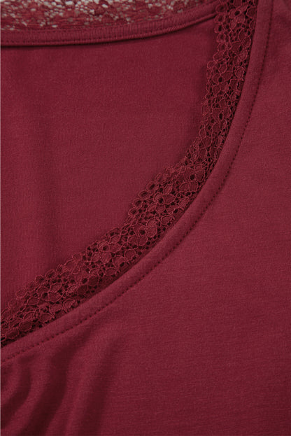 Smoke Gray Lace-trimmed Sweetheart Neckline Ruched Detail Long Sleeve T-shirt