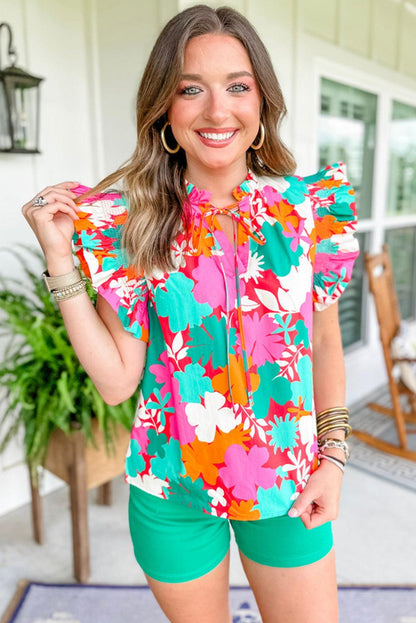 Green Floral Tie Split Neck Ruffle Trim Blouse - L & M Kee, LLC