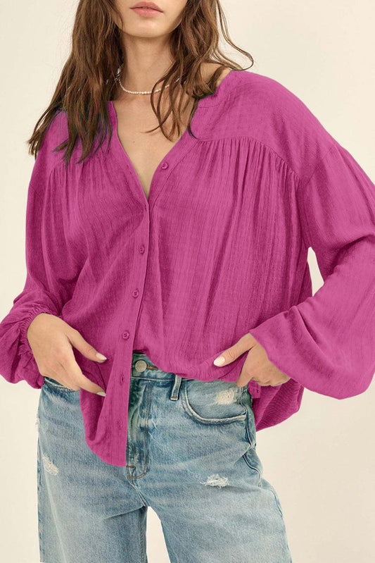 Rose Solid Color Jacquard Puff Sleeve Button up Shirt - L & M Kee, LLC