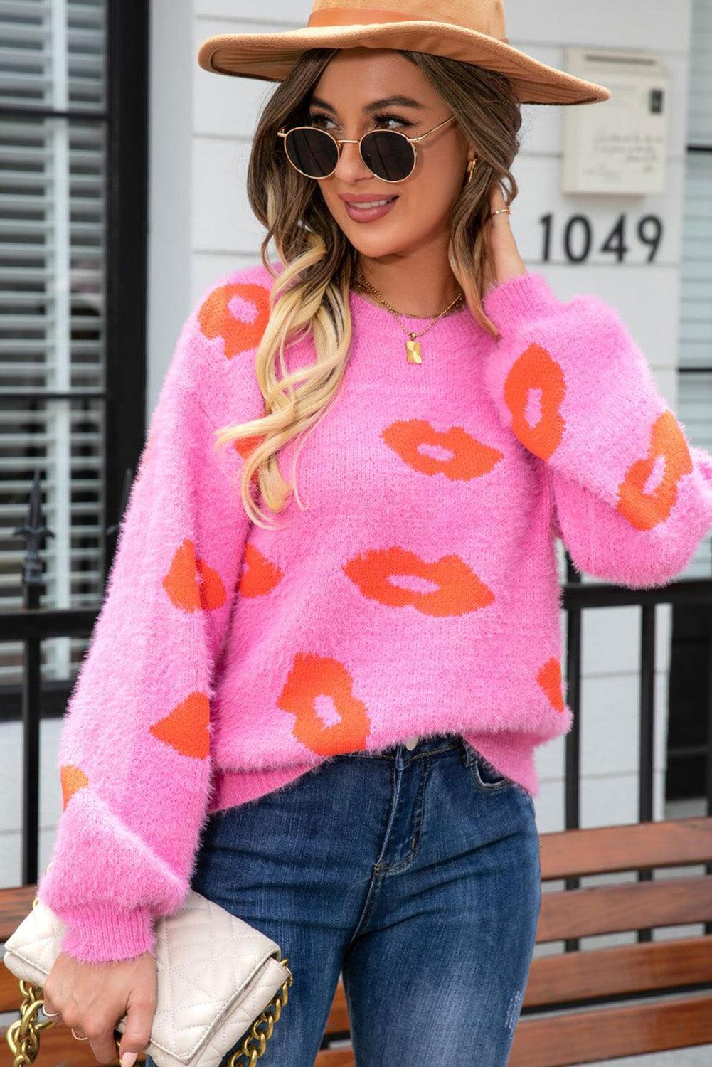 Bright Pink Valentine Kisses Fuzzy Sweater - L & M Kee, LLC