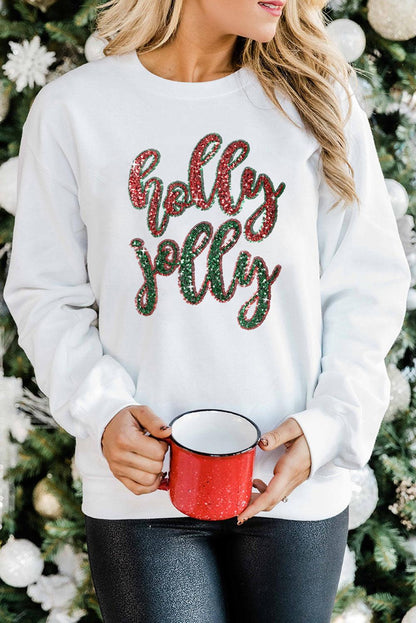 White Sequined holly jolly Graphic Christmas Sweatshirt - L & M Kee, LLC