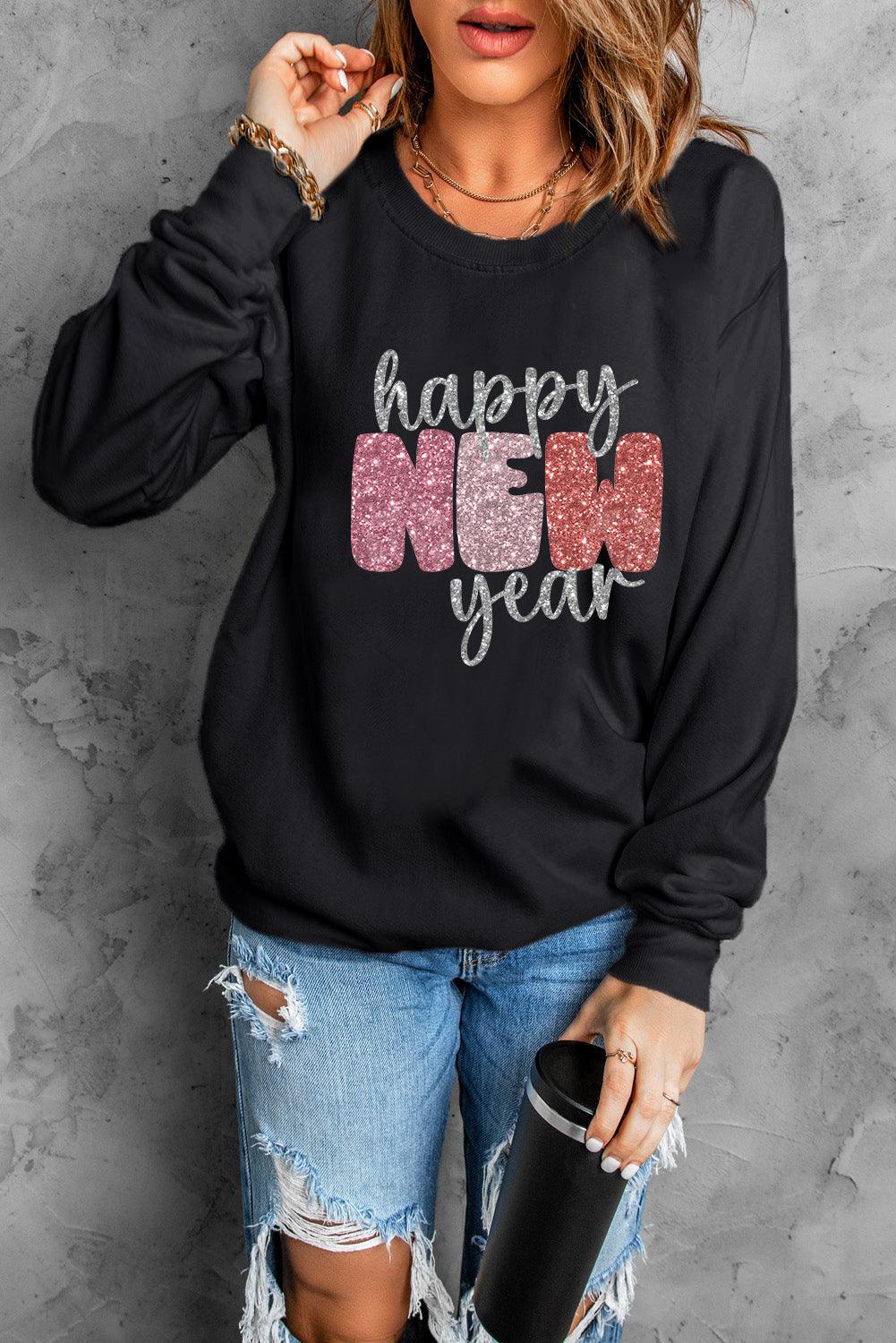 Black Glistening Happy New Year Graphic Sweatshirt - L & M Kee, LLC