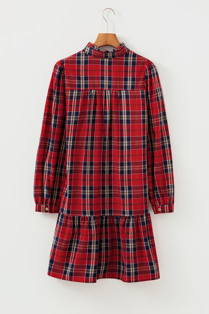 Red Plaid Print Frilly Collar Long Sleeve Shift Mini Dress