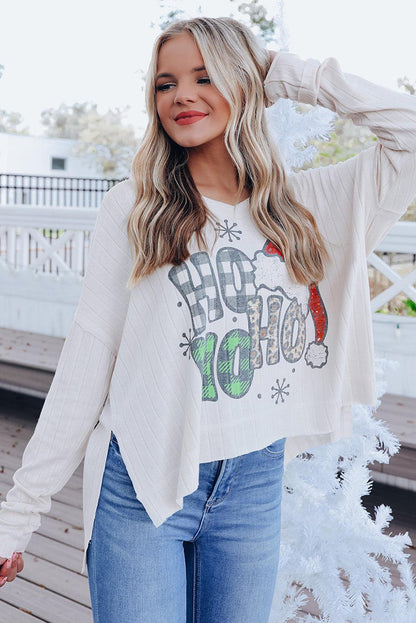 White HOHOHO Christmas Graphic Wide Rib Long Sleeve Top - L & M Kee, LLC