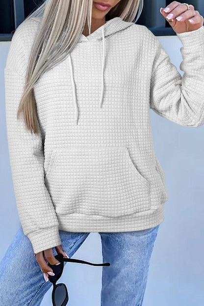 White Lattice Textured Kangaroo Pocket Drawstring Hoodie - L & M Kee, LLC