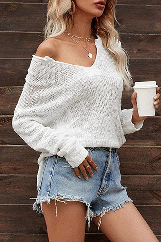 White Solid Color V Neck Side Split Sweater - L & M Kee, LLC