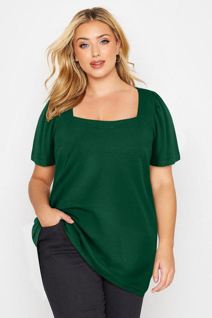 Green Plus Size Square Neck Ruched Shoulder Short Sleeve Top - L & M Kee, LLC