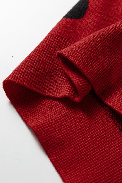 Racing Red Pearl Embellished Bow Pattern Loose Sweater