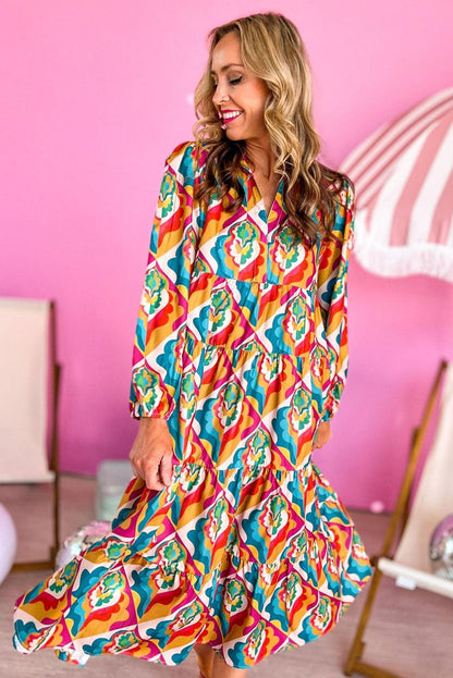 Multicolor Abstract Geometric Print Long Sleeve High Waist Dress - L & M Kee, LLC