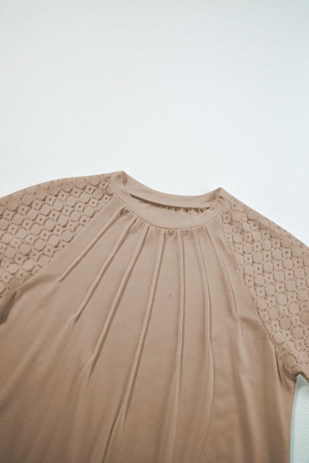 Pale Khaki Seamed Detail Contrast Lace Raglan Sleeve Tee - L & M Kee, LLC