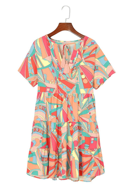 Multicolor Abstract Geometric Print Tassel Tie Flared Dress - L & M Kee, LLC