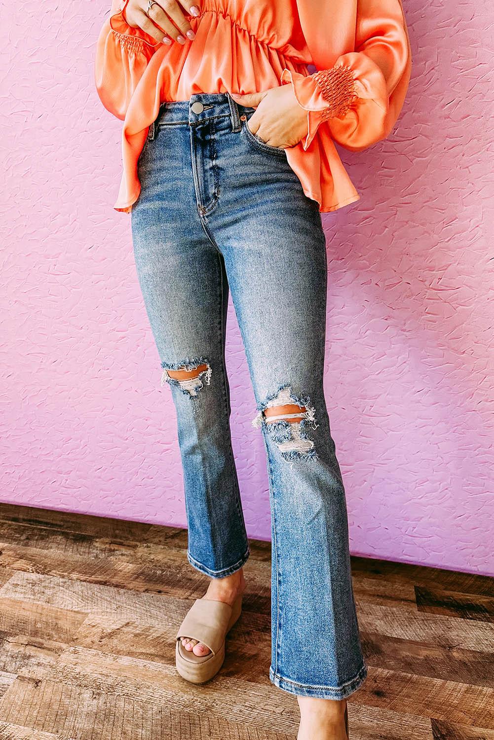 Sky Blue Distressed Ripped Flare Jeans - L & M Kee, LLC