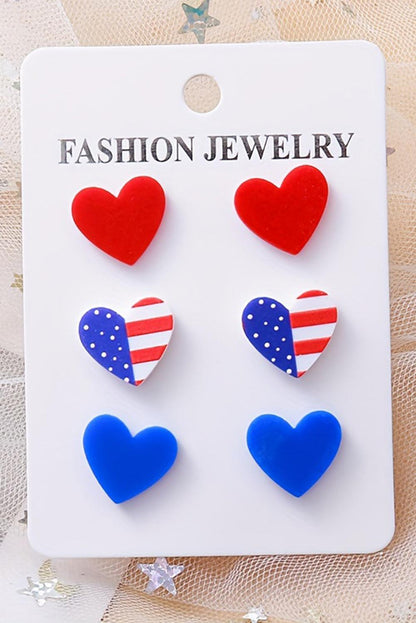 Fiery Red American Flag Print Heart Shape Stud Earrings Set - L & M Kee, LLC