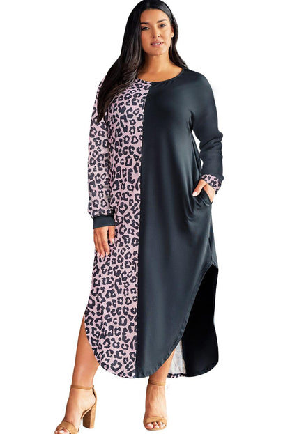 Multicolor Plus Size Leopard Colorblock Long Sleeve T-Shirt Dress - L & M Kee, LLC
