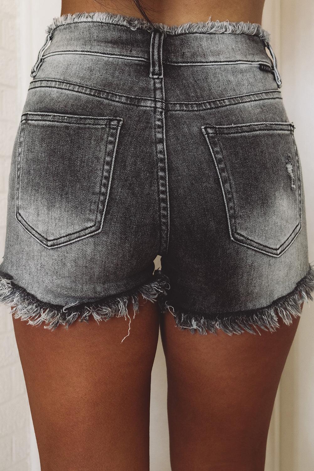 Acid Wash Raw Edge Skinny Denim Shorts - L & M Kee, LLC