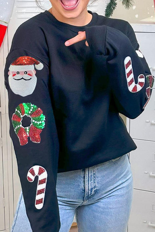 Black Christmas Pattern Sequined Crewneck Sweatshirt - L & M Kee, LLC