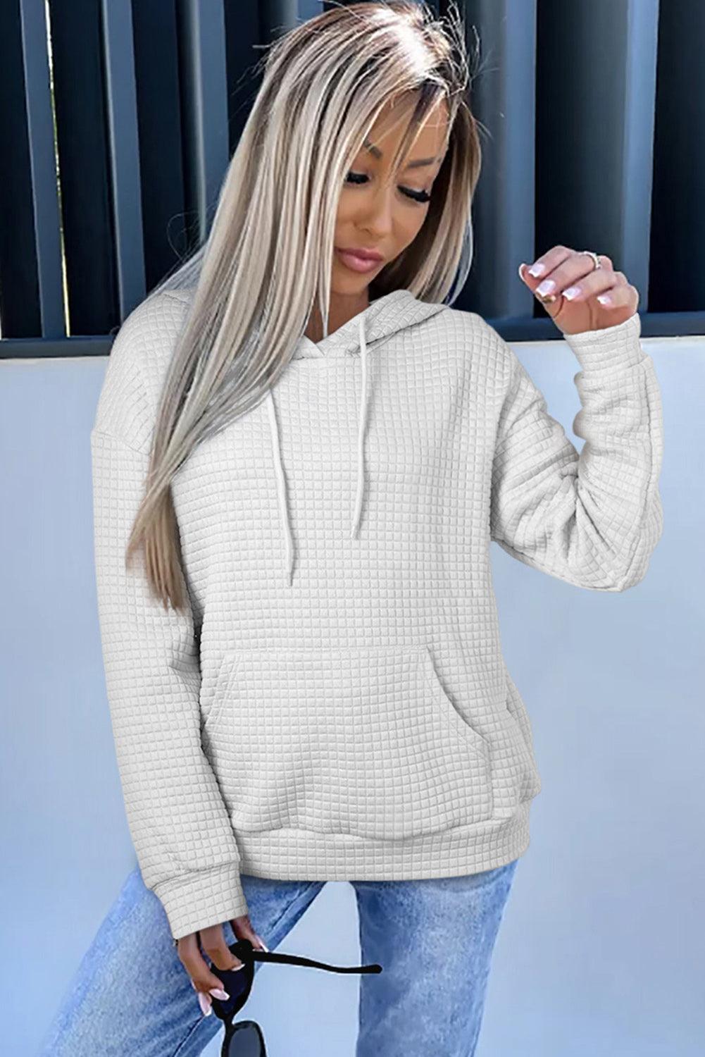 White Lattice Textured Kangaroo Pocket Drawstring Hoodie - L & M Kee, LLC